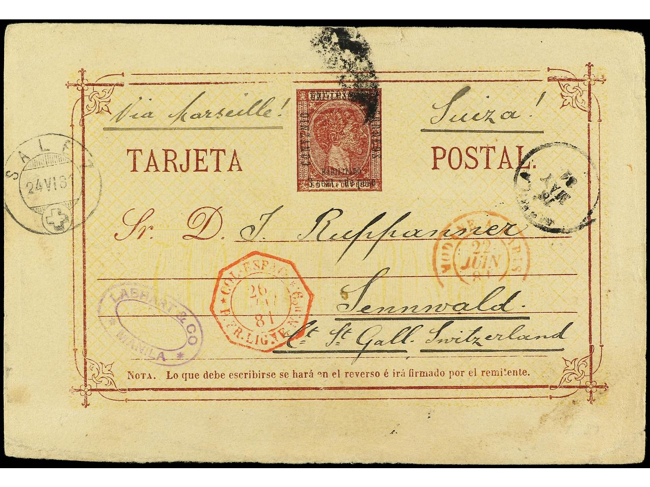 Lot 2255 - Philippines. Postal Stationery  -  Soler Y Llach B.P.O. Abroad, Philippines Postal Rates and 1880-1899 period and Philippines, Cuba and Puerto Rico Postal Stationery