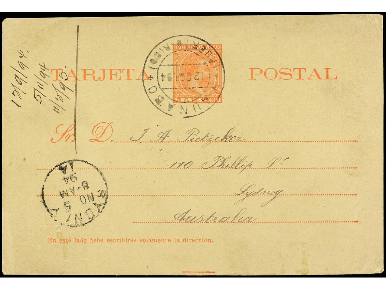 Lot 2354 - Puerto Rico. Postal Stationery  -  Soler Y Llach B.P.O. Abroad, Philippines Postal Rates and 1880-1899 period and Philippines, Cuba and Puerto Rico Postal Stationery