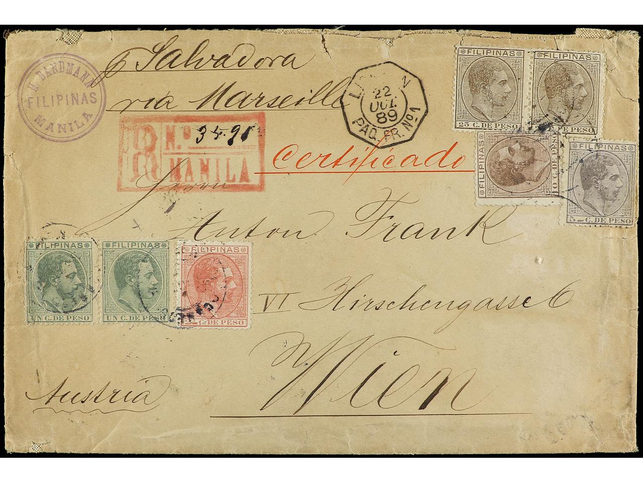 Lot 2132 - Philippines 1880-1899. Alfonso XII - Alfonso XIII - Soler Y Llach B.P.O. Abroad, Philippines Postal Rates and 1880-1899 period and Philippines, Cuba and Puerto Rico Postal Stationery Lot 2132 - Philippines 1880-1899. Alfonso XII - Alfonso XIII - Soler Y Llach B.P.O. Abroad, Philippines Postal Rates and 1880-1899 period and Philippines, Cuba and Puerto Rico Postal Stationery