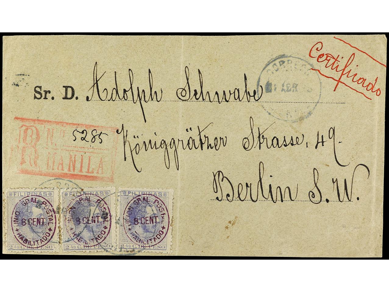 Lot 2153 - Philippines 1880-1899. Alfonso XII - Alfonso XIII  -  Soler Y Llach B.P.O. Abroad, Philippines Postal Rates and 1880-1899 period and Philippines, Cuba and Puerto Rico Postal Stationery